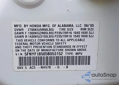 2005 Honda Pilot Ex-L из США, поврежденный, VIN 5FNYF18505B053152